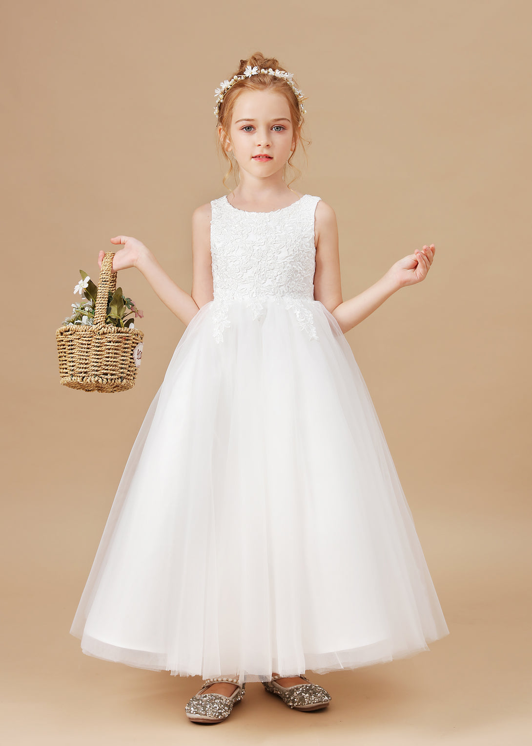 Scoop Neck Sleeveless Satin/Lace/Tulle Ivory Floor-Length Flower Girl Dresses/First Communion Dress With Appliques/Bow Girls Gidiondress