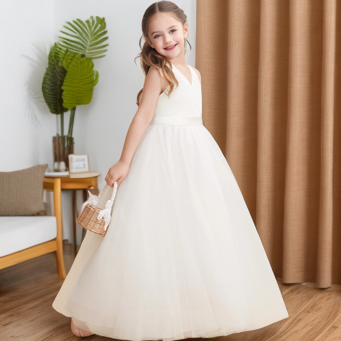 A-Line V-Neck Sleeveless Ivory Floor-Length Tulle/Satin Flower Girl Dresses/First Communion Dress With Belt Girls Gidiondress