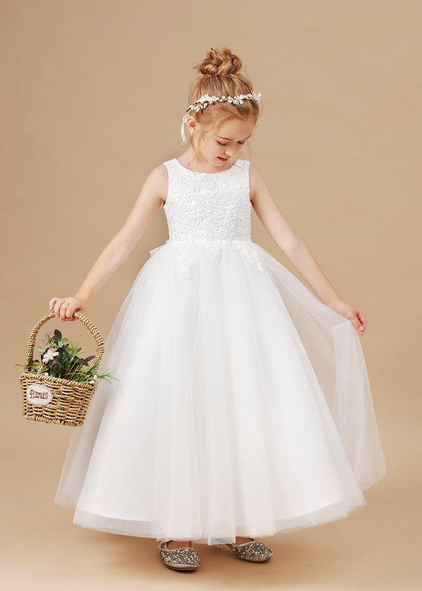 Scoop Neck Sleeveless Satin/Lace/Tulle Ivory Floor-Length Flower Girl Dresses/First Communion Dress With Appliques/Bow Girls Gidiondress