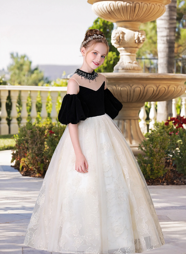 High Neck Removable Puff Sleeve Floor-Length Elegant Satin/Lace/Tulle Girls Birthday Dresses With Beads Girls Gidiondress