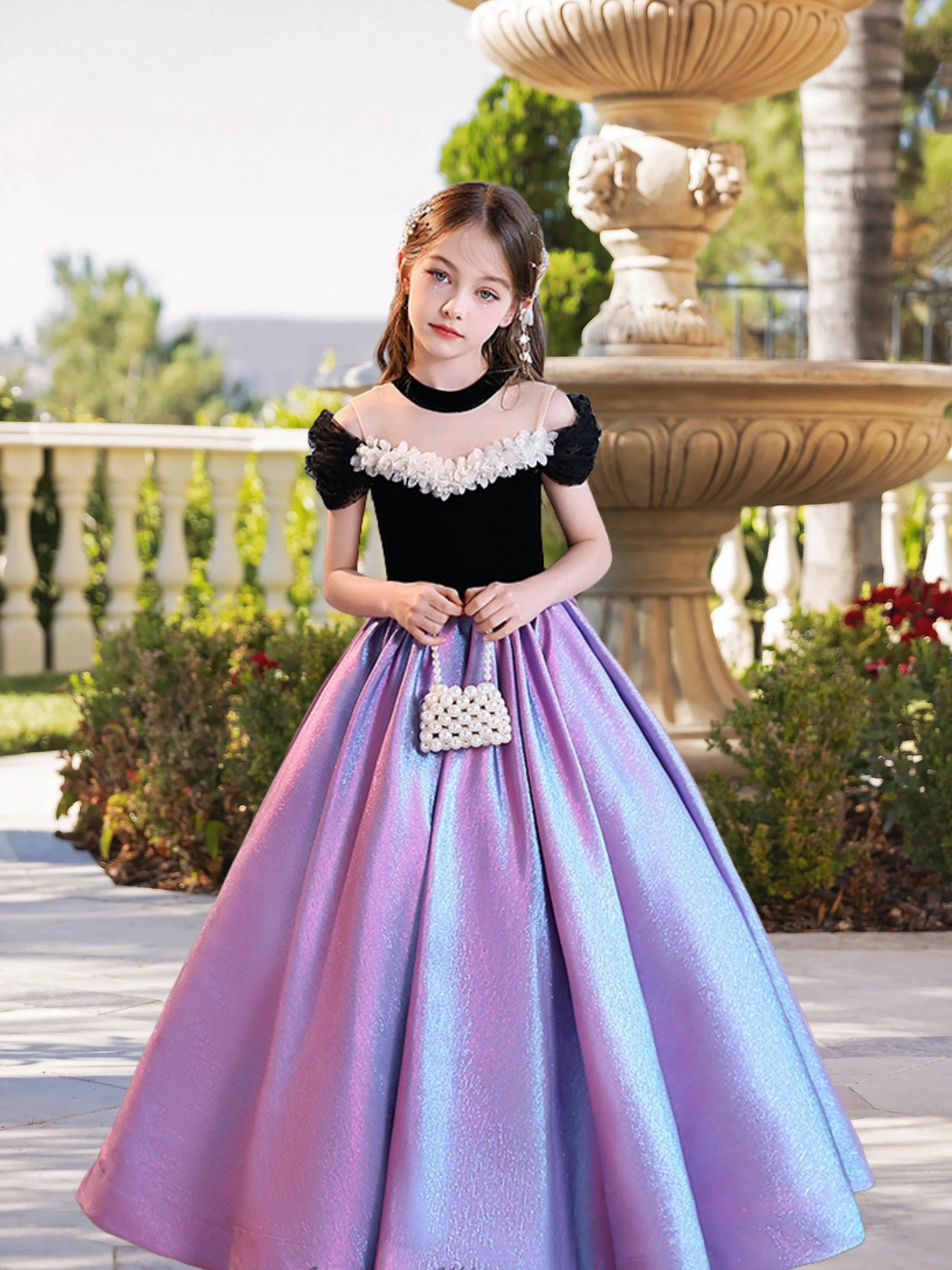 Ball Gown/Princess Halter Cold Shoulder Dazzling Floor-Length Satin/Tulle Girls Birthday Dresses With Ruffled Hem Girls Gidiondress