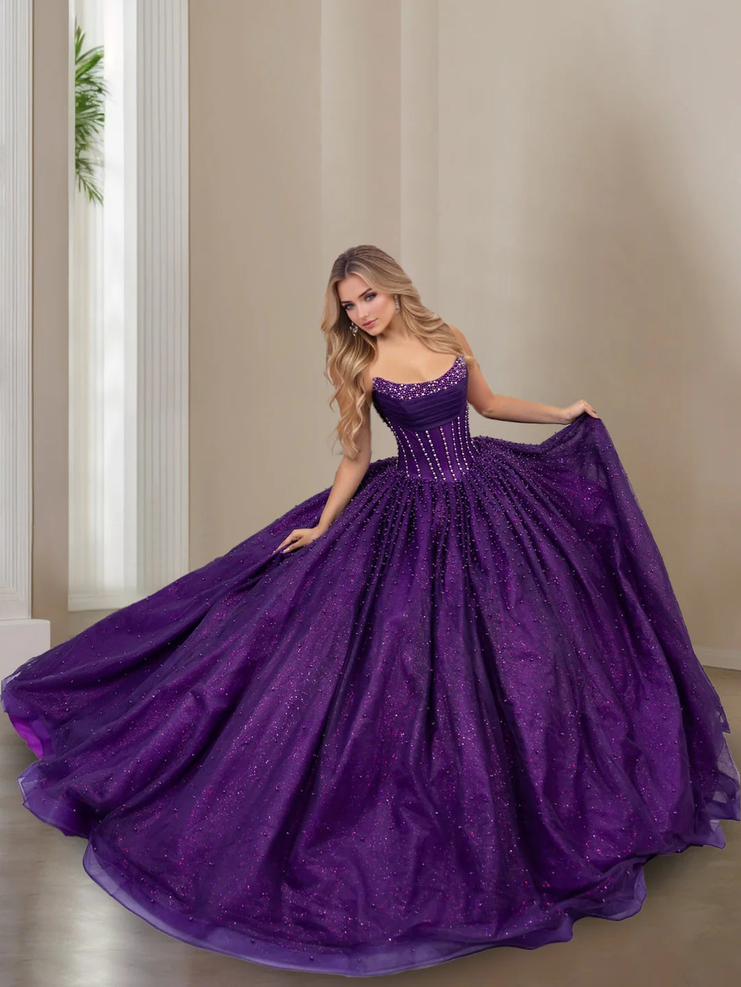 Ball Gown Sweetheart Sleeveless Floor-length Long Prom Dresses with Pearls BabaMila