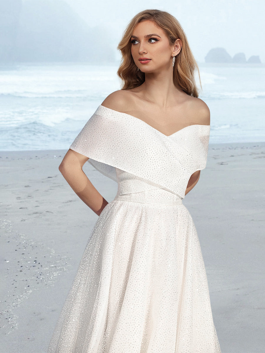 A-Line/Princess Off-the-Shoulder Sequins Floor-Length Wedding Dress BabaMila
