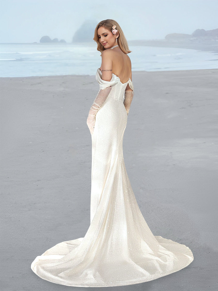 Sheath/Column Off-the-Shoulder Floor-Length Wedding Dress with Sequins/Split Side BabaMila