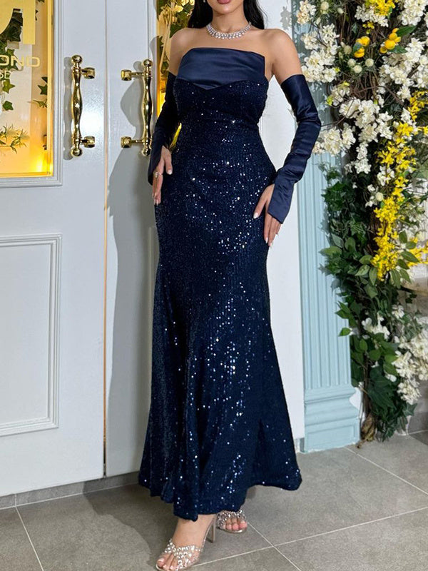 Mermaid/Trumpet Strapless Detachable Sleeves Satin Sequined Ankle-Length Evening Dresses BabaMila