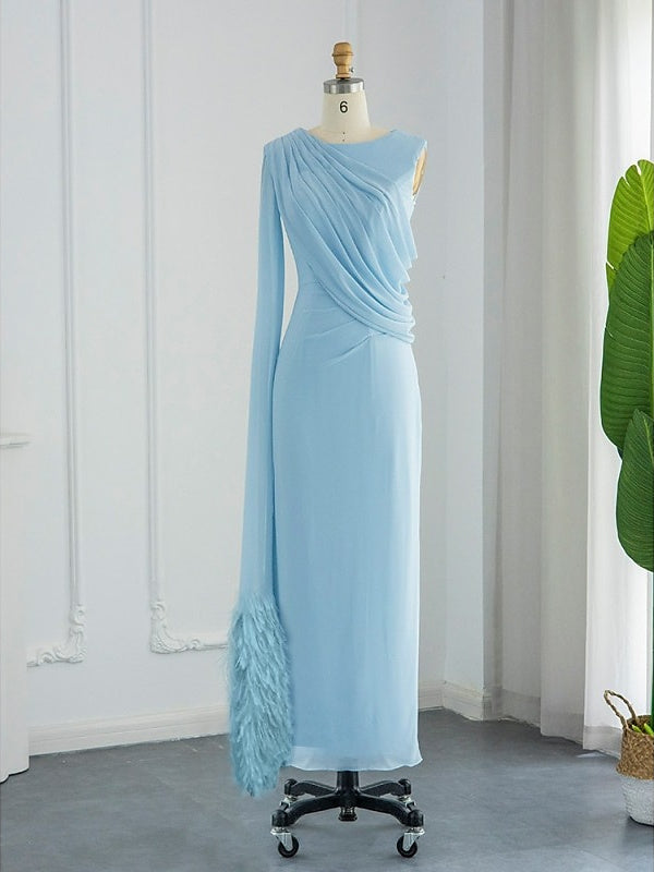Sheath/Column Sweep/Brush Train Sleeveless Cowl Neck Prom Dress Chiffon with Feather/Ruched/Slit BabaMila