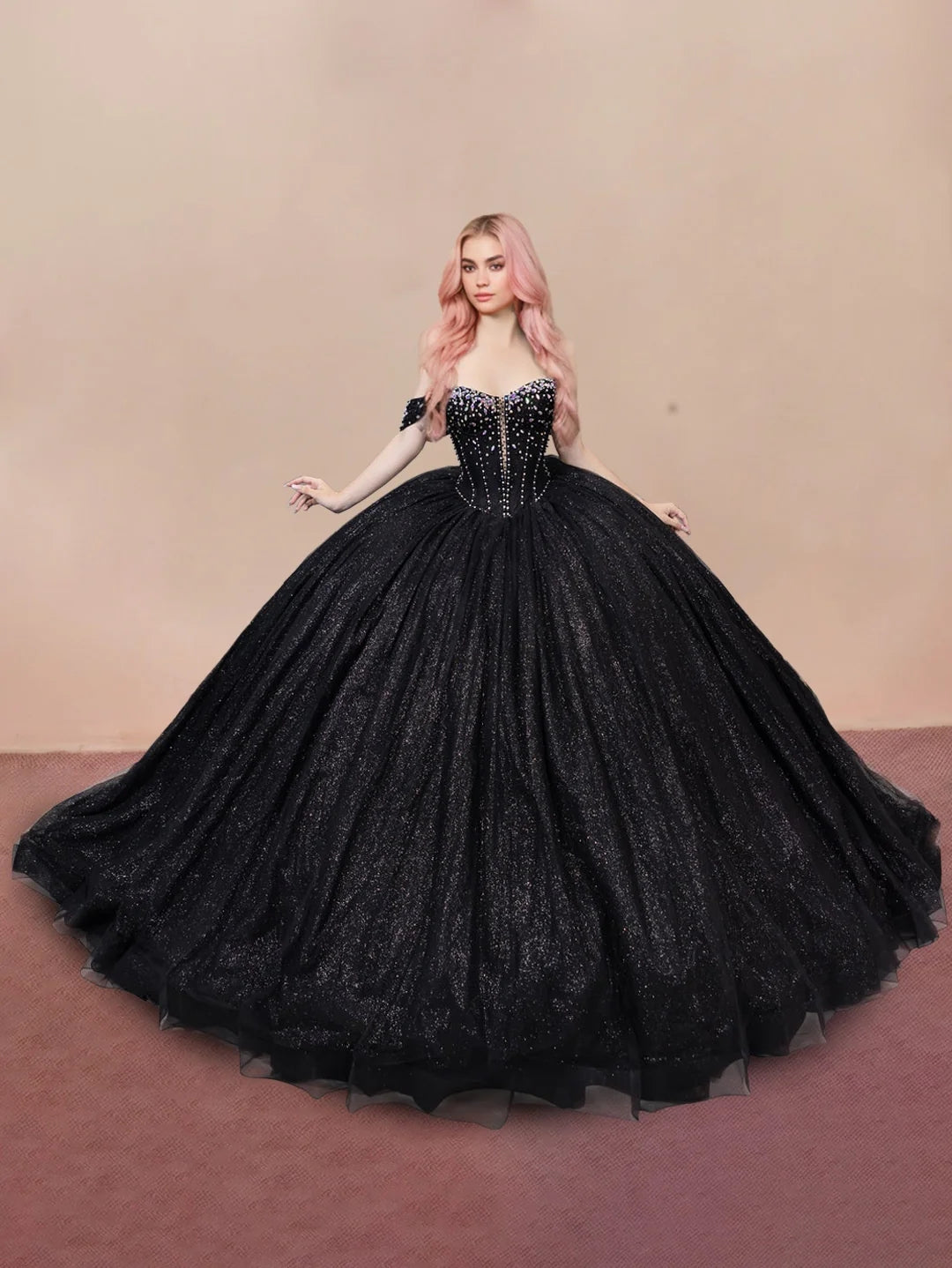 Ball Gown Off-the-Shoulder Sleeveless Floor-length Tulle Long Prom Dresses with Sequins BabaMila
