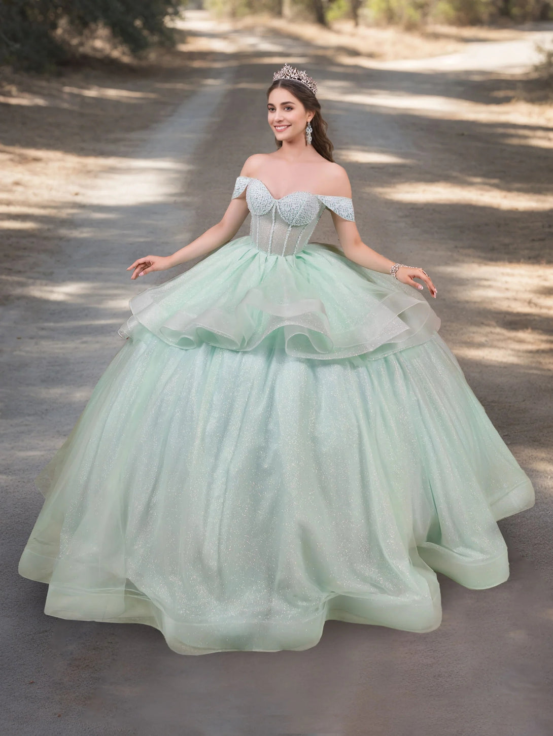 Ball Gown Off-the-Shoulder Sleeveless Floor-length Tulle Long Prom Dresses with Crystal Beadings BabaMila