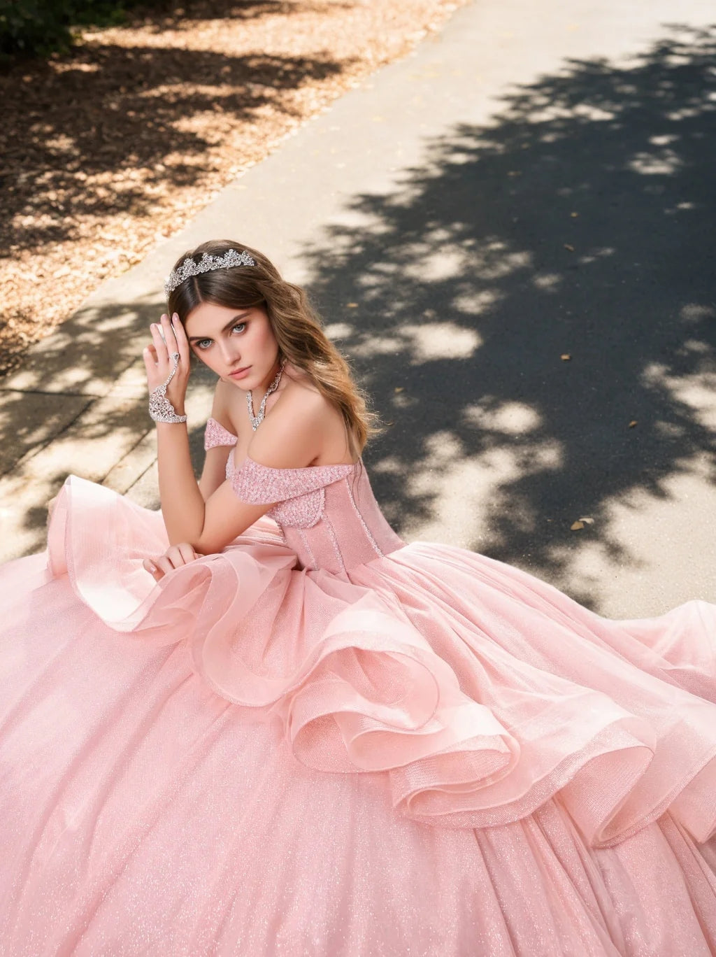 Ball Gown Off-the-Shoulder Sleeveless Floor-length Tulle Long Prom Dresses with Crystal Beadings BabaMila