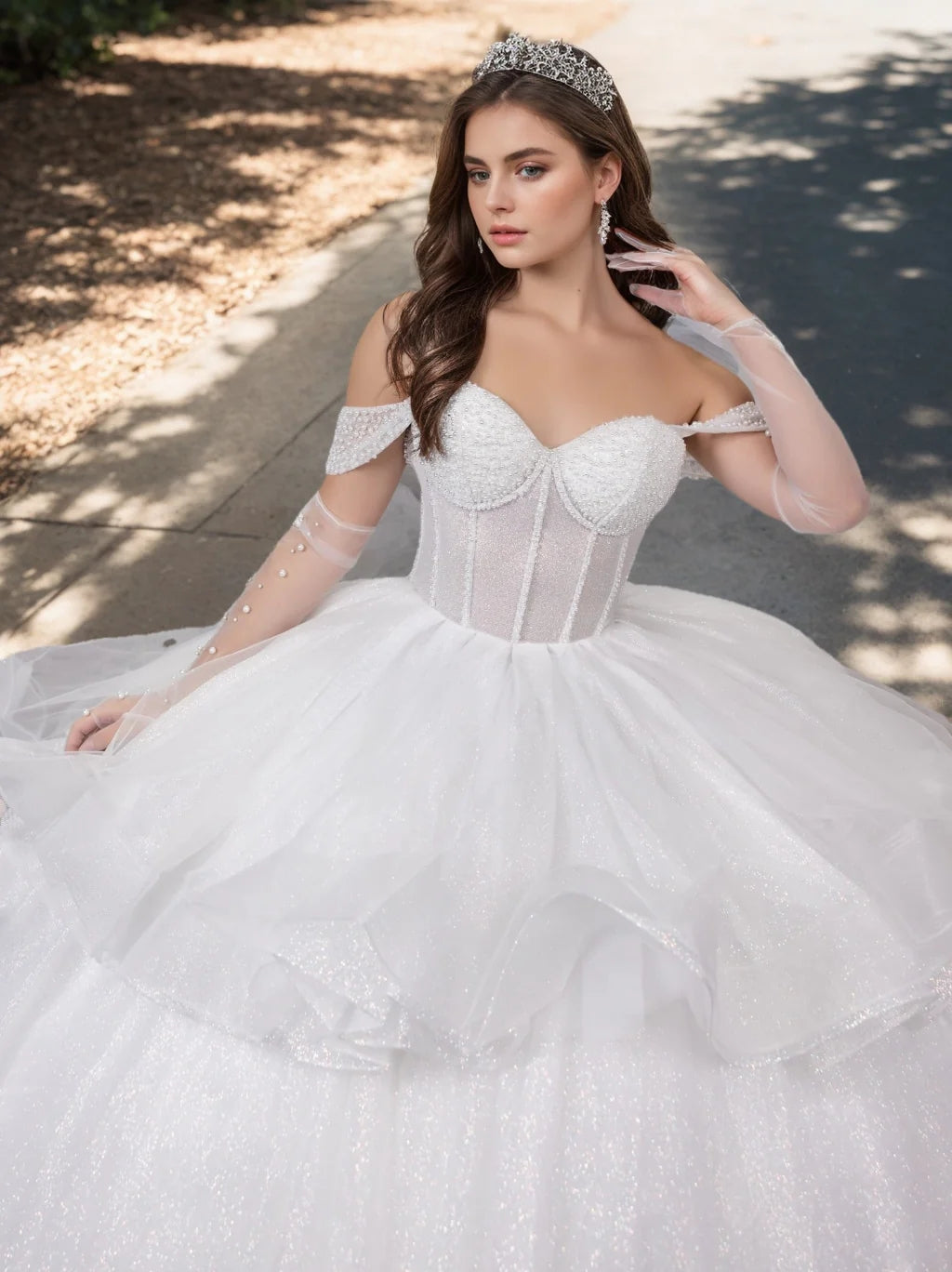 Ball Gown Off-the-Shoulder Sleeveless Floor-length Tulle Long Prom Dresses with Crystal Beadings BabaMila