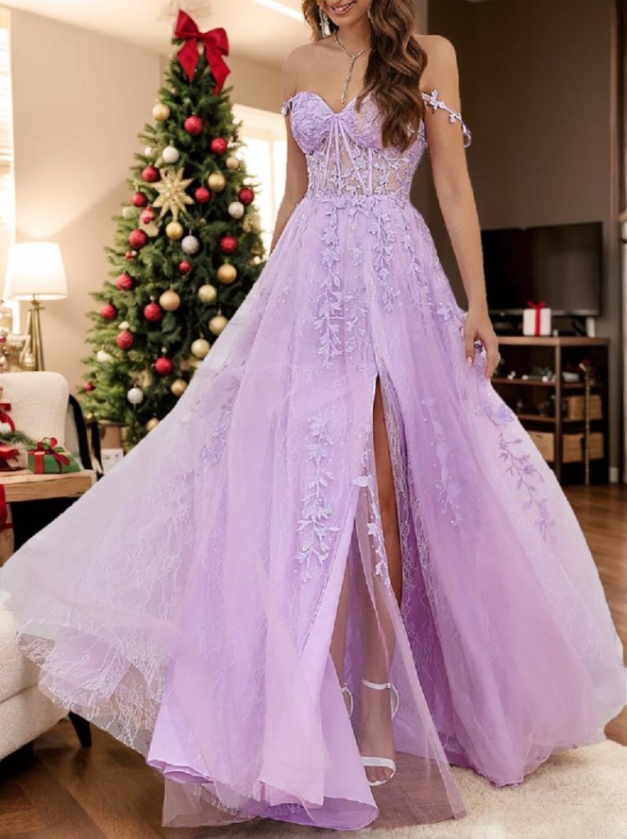 A-Line Sleeveless Sweetheart Tulle Backless Prom Dress with Beading/Slit/Appliques BabaMila