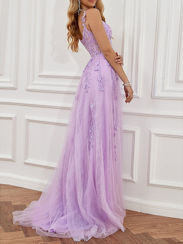 A-Line Sleeveless Sweetheart Tulle Backless Prom Dress with Beading/Slit/Appliques BabaMila