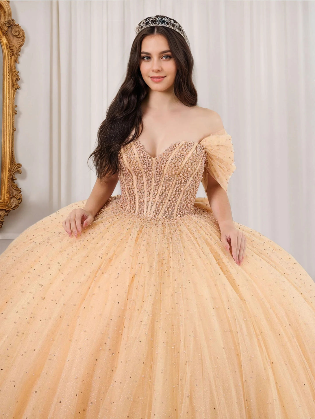 Ball Gown Sweetheart Off-the-Shoulder Sleeveless Floor-length Long Prom Dresses with Pearls and Bowknot BabaMila