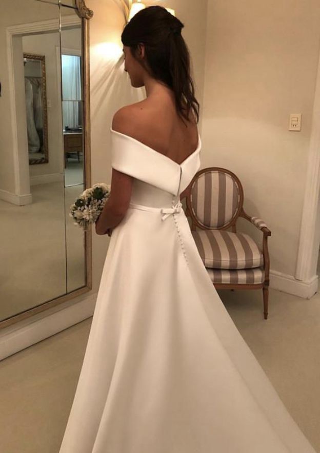 A-Line/Princess Satin Off-the-Shoulder Court Train Wedding Dress BabaMila