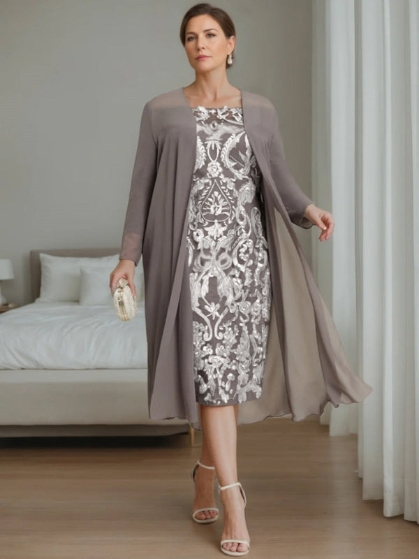 Sheath/Column Off-The-Shoulder 3/4 Length Sleeves Knee-Length Plus Size Mother Of The Bride Dresses With Jacket BabaMila