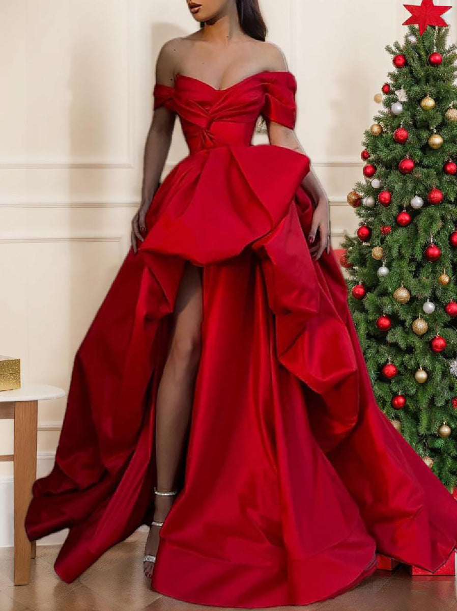 Asymmetrical A-Line Satin Off-the-Shoulder Sleeveless Prom Satin with Slit/Pleated BabaMila