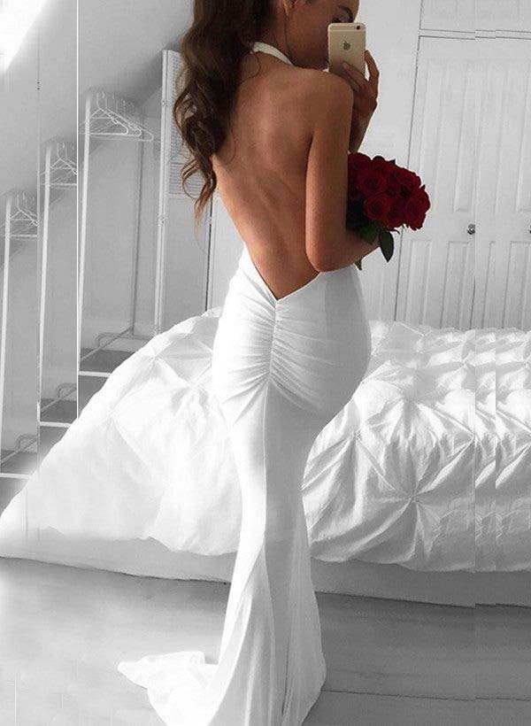 Trumpet/Mermaid Halter Floor-length Wedding Dress With Ruffles BabaMila