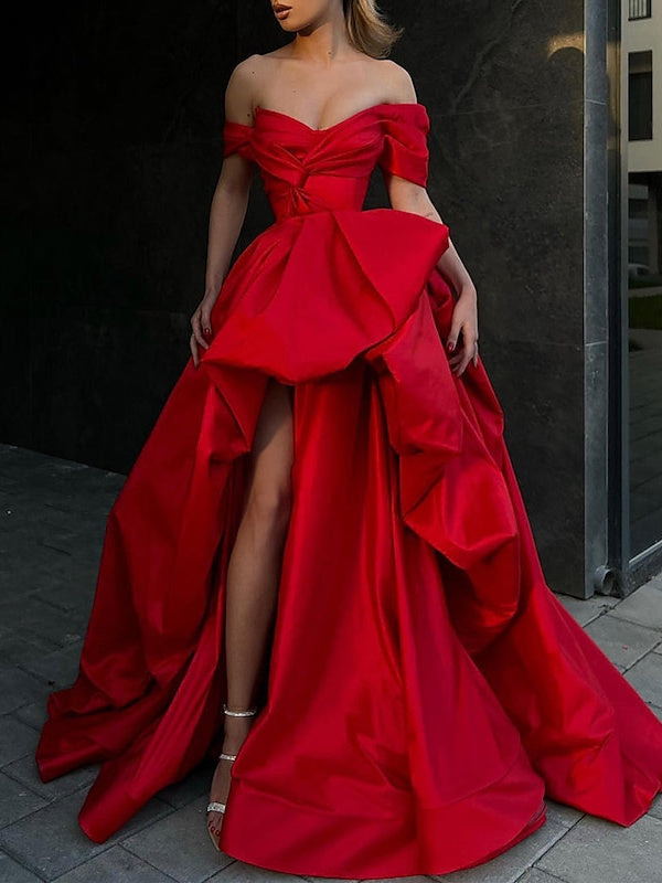Asymmetrical A-Line Satin Off-the-Shoulder Sleeveless Prom Satin with Slit/Pleated BabaMila