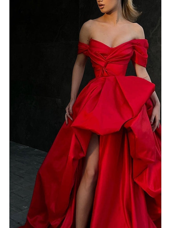Asymmetrical A-Line Satin Off-the-Shoulder Sleeveless Prom Satin with Slit/Pleated BabaMila