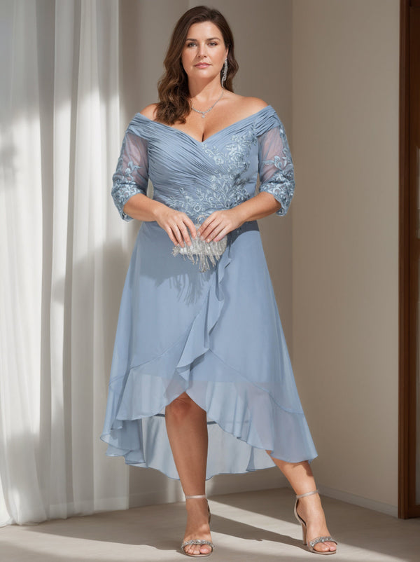 A-Line/Princess Off-The-Shoulder 3/4 Length Sleeves Asymmetrical Plus Size Mother Of The Bride Dresses With Sequins BabaMila