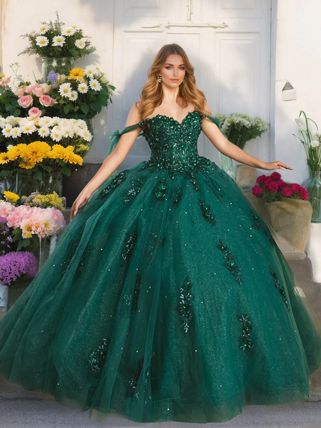 Ball Gown Off-the-Shoulder Sleeveless Floor-length Long Prom Dresses with Sequins BabaMila