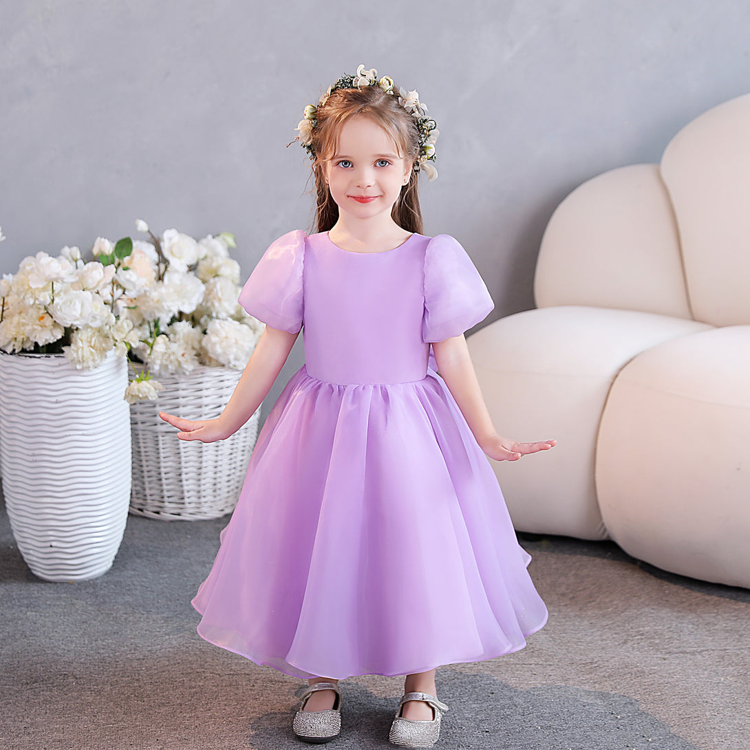 Girls Birthday Dresses Scoop Neck Short Sleeve Chiffon/Satin Tea-Length Flower Girl Dresses/Party Dresses With Bow Girls Gidiondress