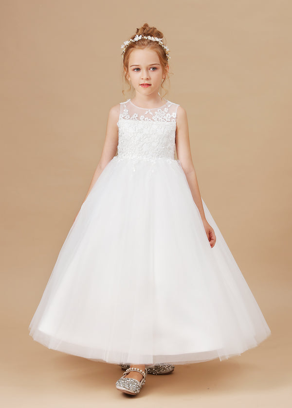 Scoop Neck Sleeveless Lace/Tulle Ivory Cute Floor-Length Flower Girl Dresses/First Communion Dress With Appliques Girls Gidiondress