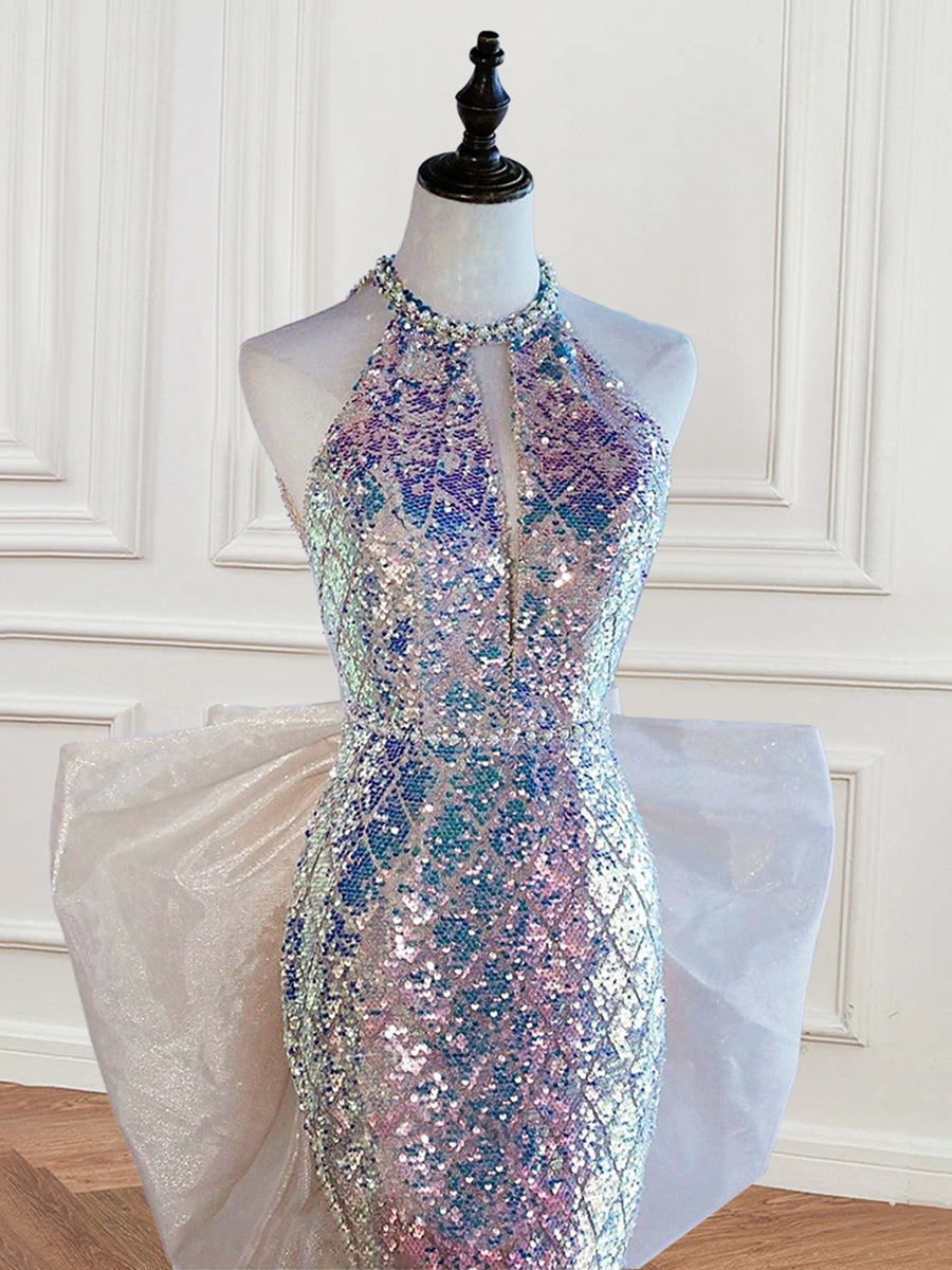 Trumpet/Mermaid Halter Sleeveless Sequined Evening Dresses with Bow/Pearl BabaMila