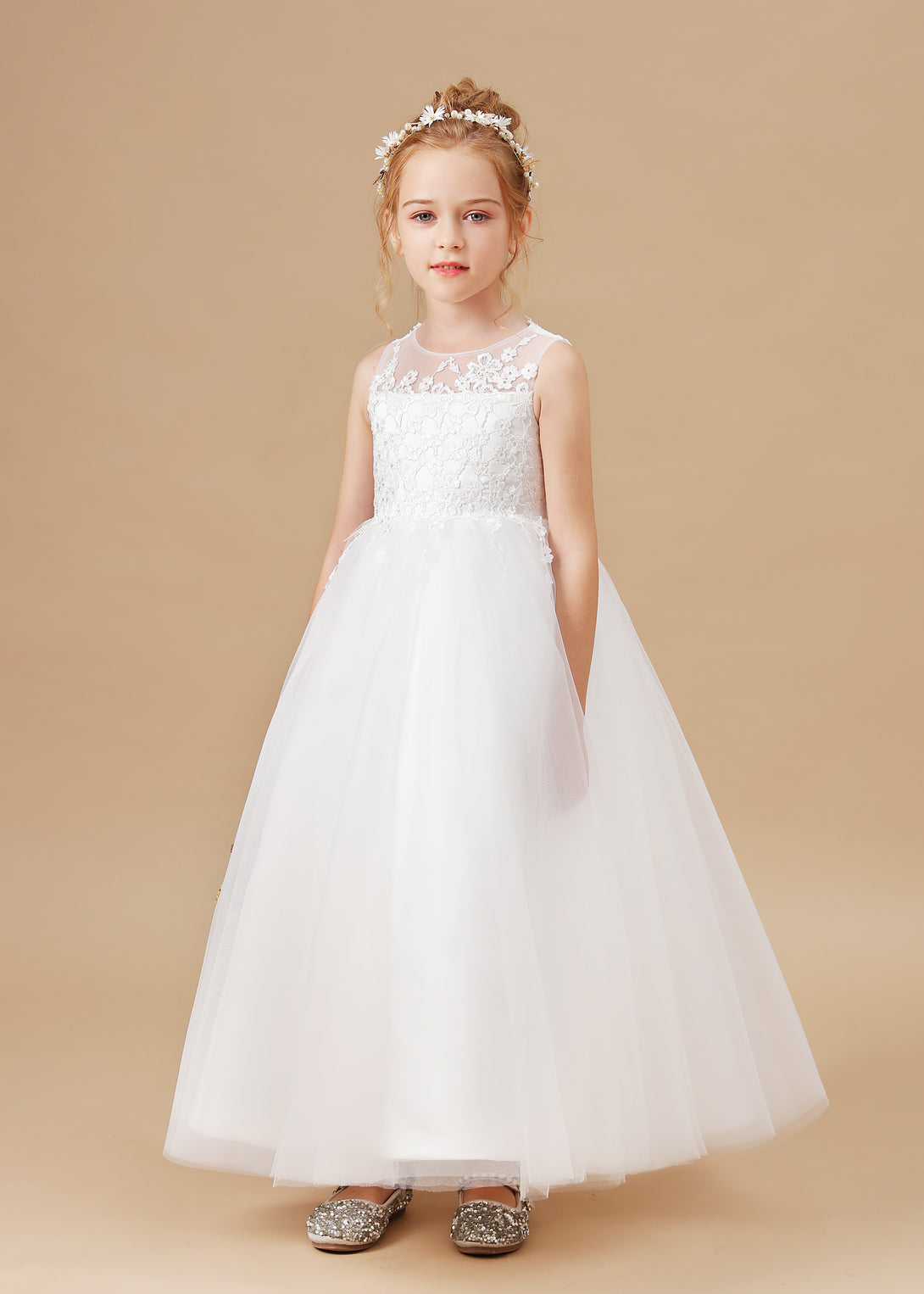 Scoop Neck Sleeveless Lace/Tulle Ivory Cute Floor-Length Flower Girl Dresses/First Communion Dress With Appliques Girls Gidiondress