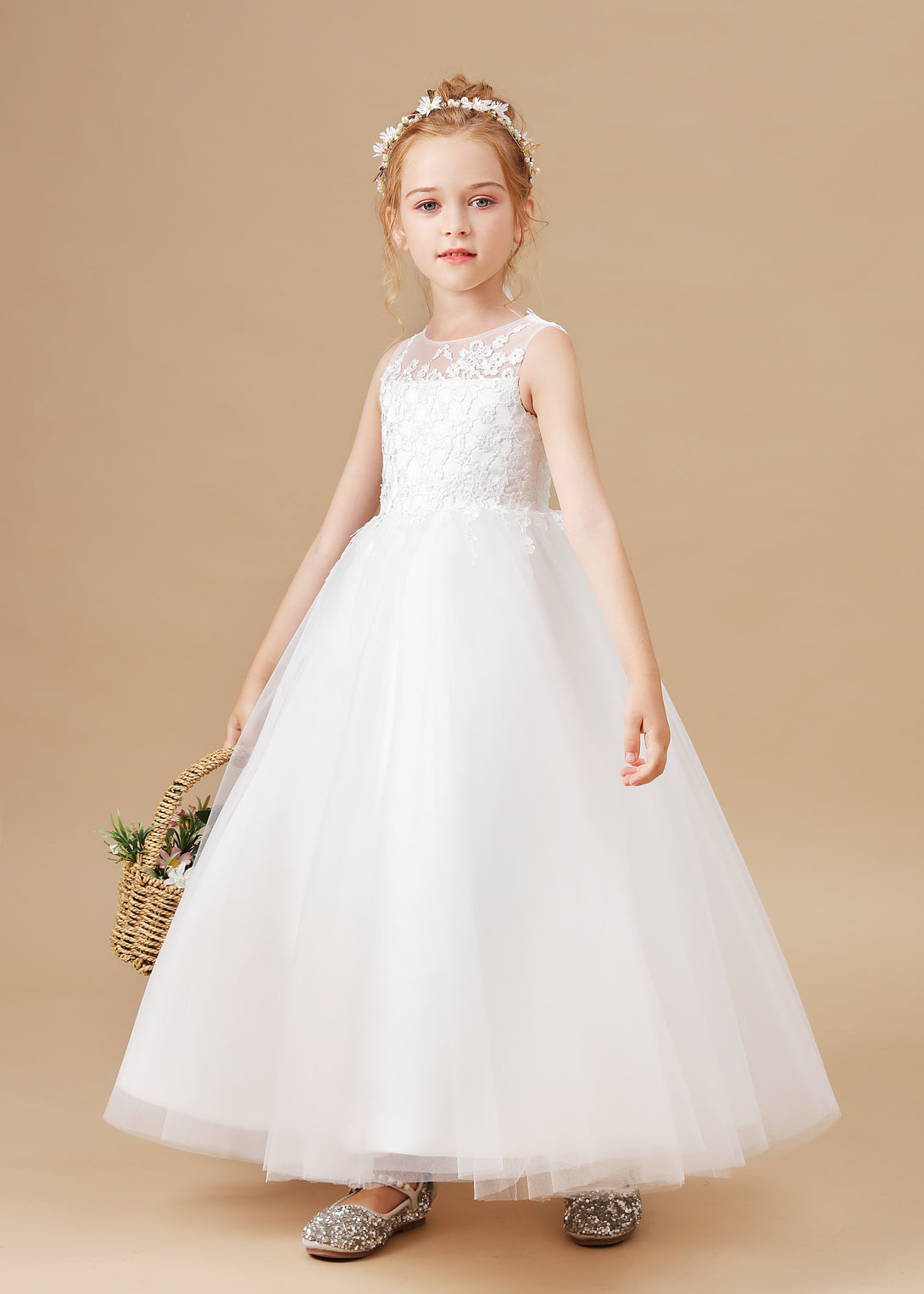Scoop Neck Sleeveless Lace/Tulle Ivory Cute Floor-Length Flower Girl Dresses/First Communion Dress With Appliques Girls Gidiondress