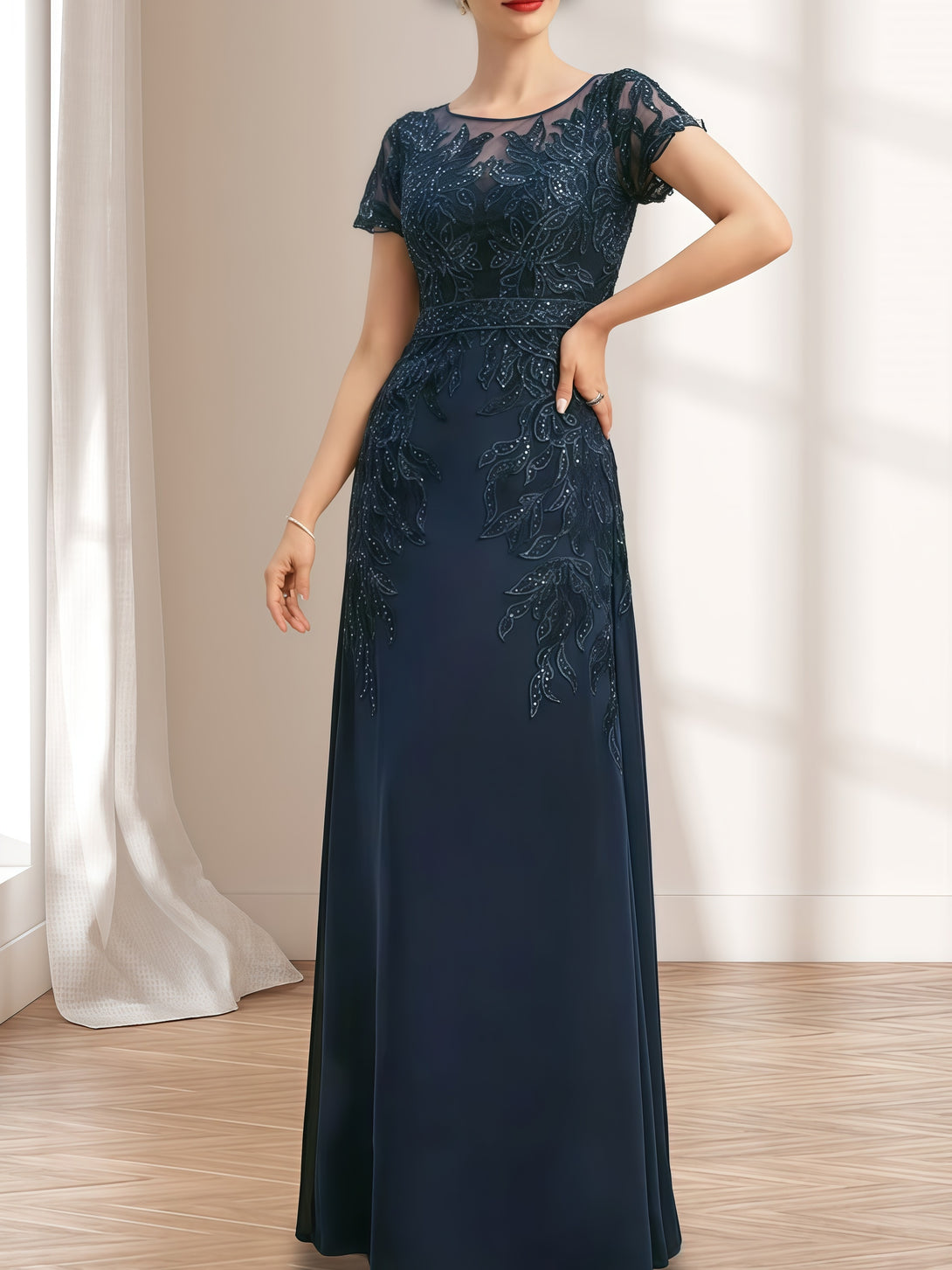 A-Line Round Neck Short Sleeve Floor-Length Lace/Chiffon Mother of the Bride Dress With Appliques/Sequins BabaMila