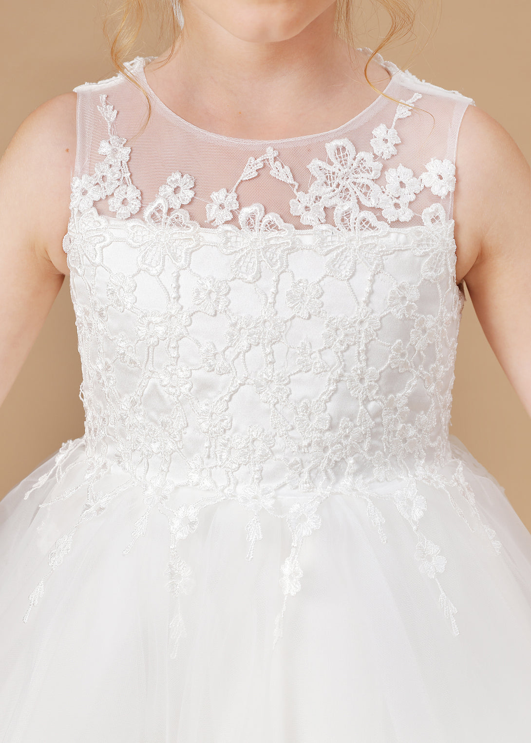 Scoop Neck Sleeveless Lace/Tulle Ivory Cute Floor-Length Flower Girl Dresses/First Communion Dress With Appliques Girls Gidiondress