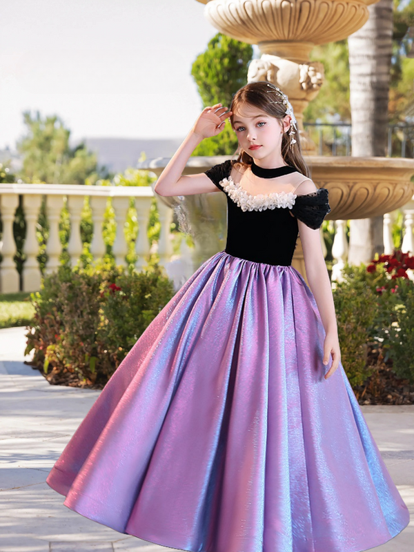 Ball Gown/Princess Halter Cold Shoulder Dazzling Floor-Length Satin/Tulle Girls Birthday Dresses With Ruffled Hem Girls Gidiondress