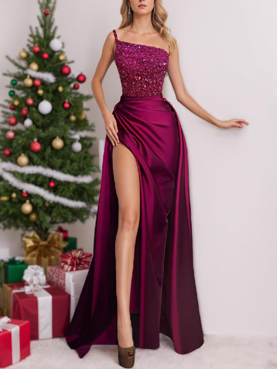 Sparkly Fuchsia Floor Length Evening Gown With Split BabaMila