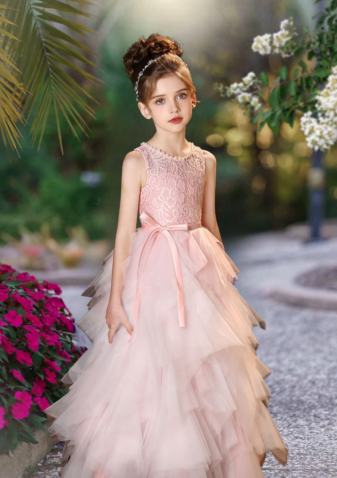 Princess A-Line Scoop Neck Sleeveless Floor-Length Lace/Tulle/Satin Girls Birthday Dresses With Ribbon/Beads Girls Gidiondress