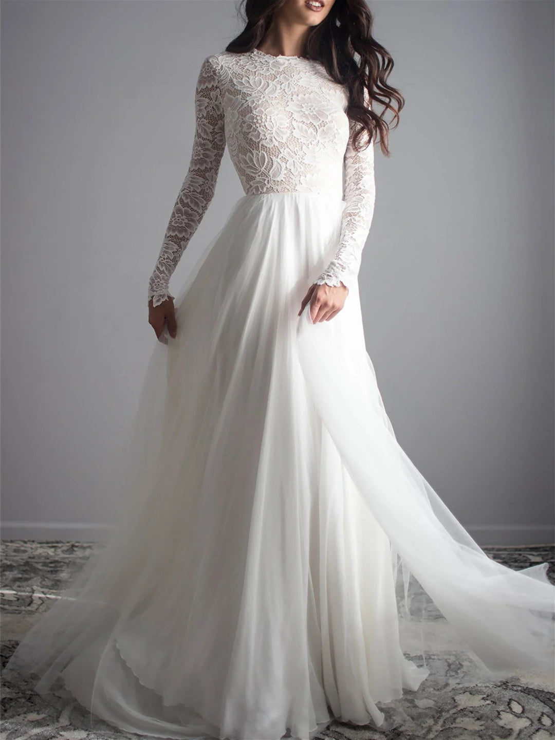 A-Line/Princess Lace Scoop Floor-length Backless Wedding Dress BabaMila