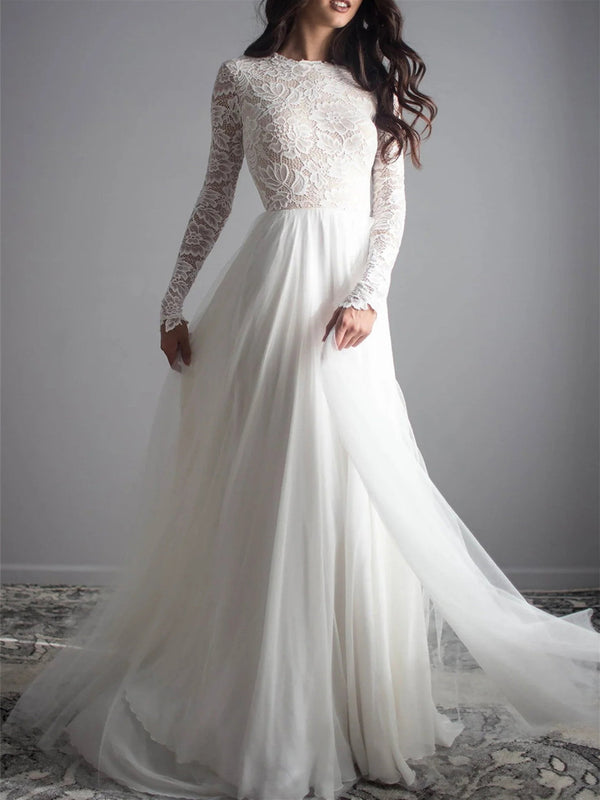 A-Line/Princess Lace Scoop Floor-length Backless Wedding Dress BabaMila