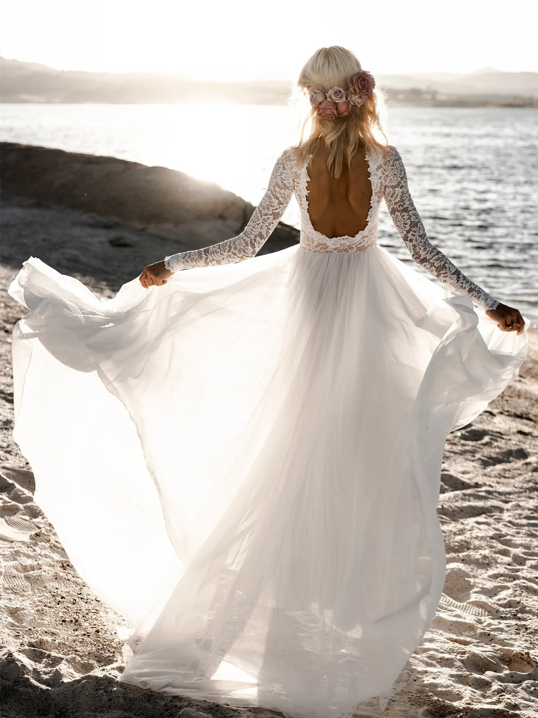 A-Line/Princess Lace Scoop Floor-length Backless Wedding Dress BabaMila