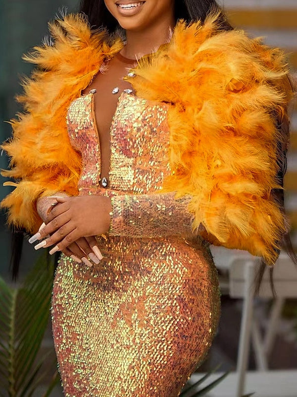 Mermaid/Trumpet Floor Length Long Sleeve V Neck Prom Dress Sparkle & Shine Dress Sequined with Feather Crystals BabaMila