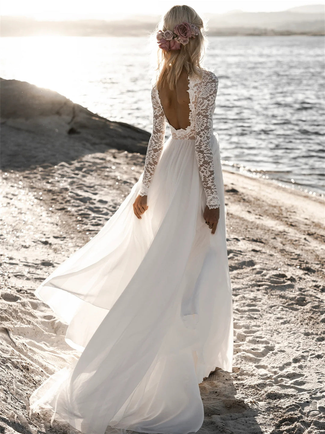 A-Line/Princess Lace Scoop Floor-length Backless Wedding Dress BabaMila