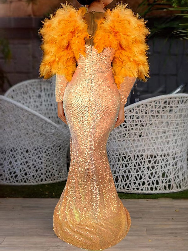 Mermaid/Trumpet Floor Length Long Sleeve V Neck Prom Dress Sparkle & Shine Dress Sequined with Feather Crystals BabaMila