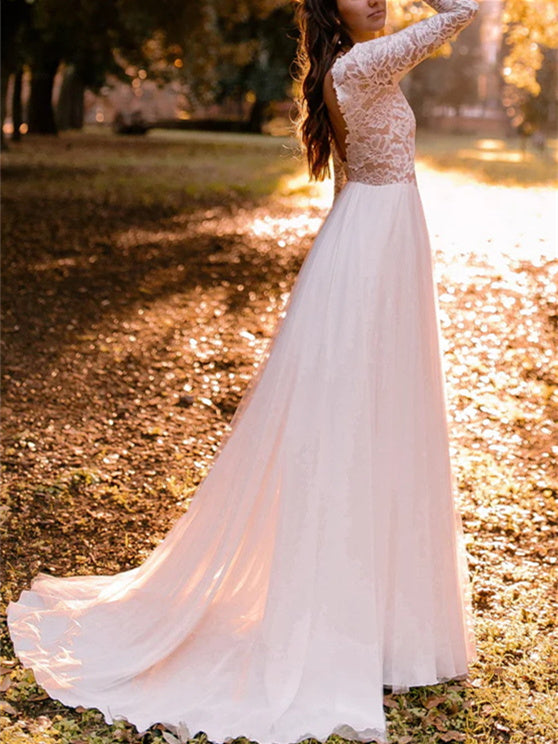 A-Line/Princess Lace Scoop Floor-length Backless Wedding Dress BabaMila