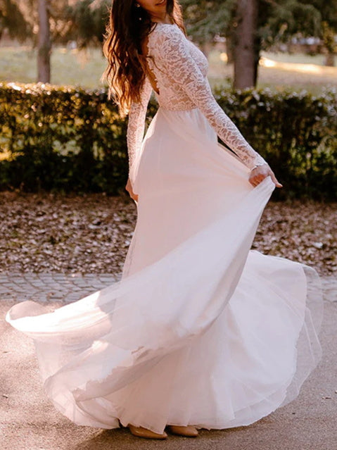 A-Line/Princess Lace Scoop Floor-length Backless Wedding Dress BabaMila
