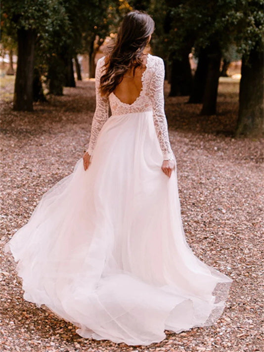 A-Line/Princess Lace Scoop Floor-length Backless Wedding Dress BabaMila