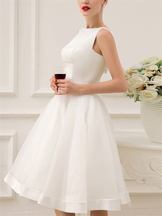 A-Line/Princess Scoop Knee-Length Bowknot Wedding Dress BabaMila