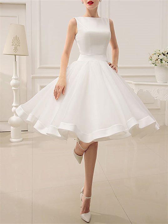 A-Line/Princess Scoop Knee-Length Bowknot Wedding Dress BabaMila