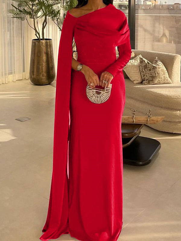 Sheath/Column Floor Length Long Sleeves Silk Like Satin Bride Dresses Prom Dress BabaMila
