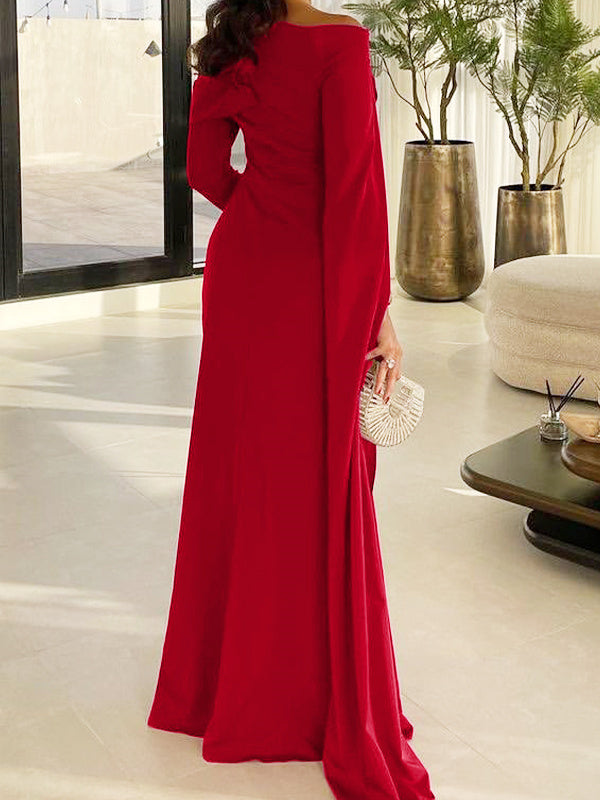 Sheath/Column Floor Length Long Sleeves Silk Like Satin Bride Dresses Prom Dress BabaMila