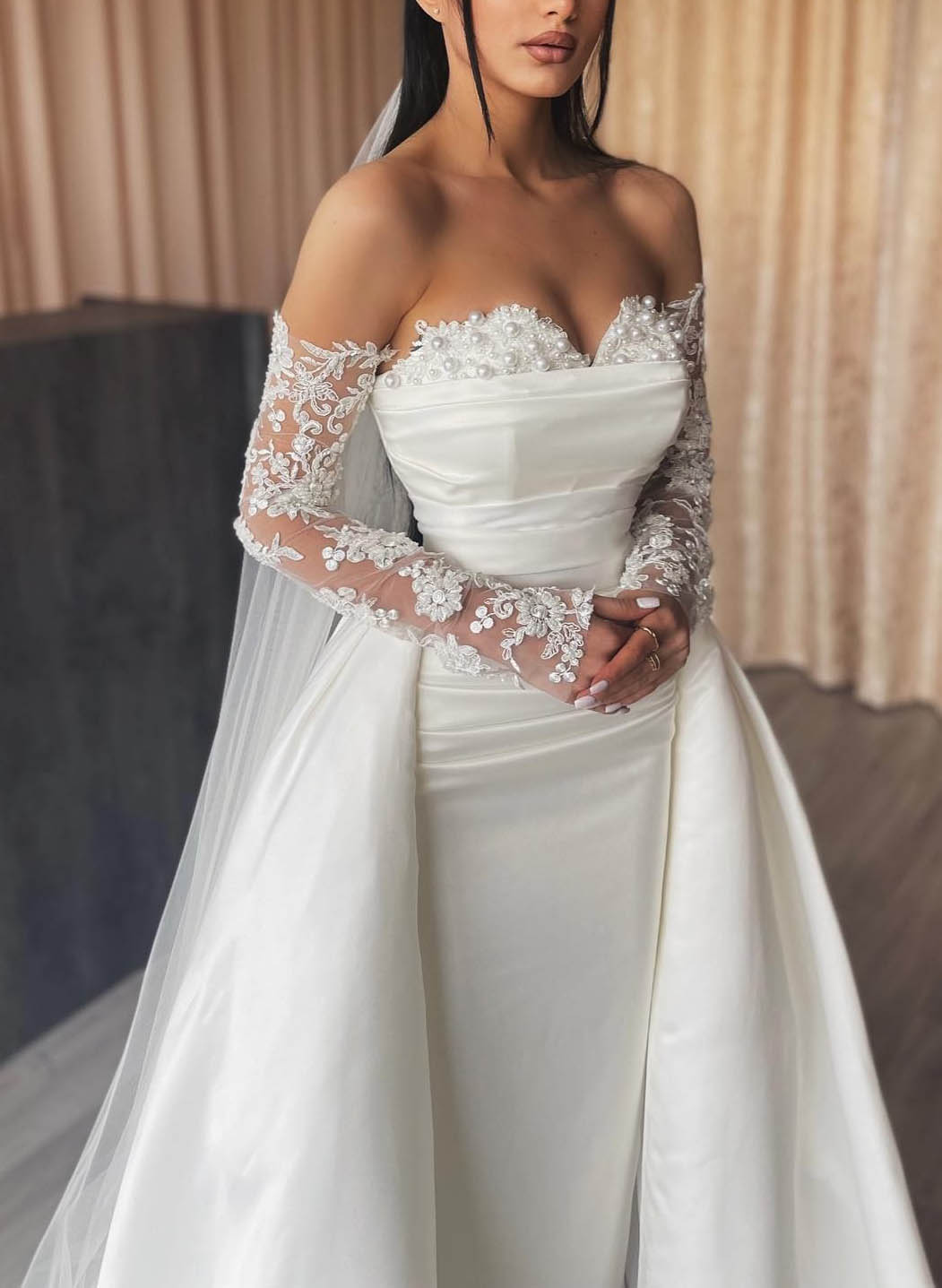 Sheath/Column Off-the-Shoulder Floor-length Lace Wedding Dress BabaMila