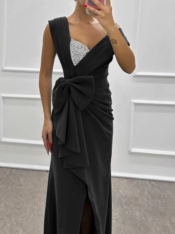 Sheath/Column Sweep/Brush Train Sleeveless Bride Dresses Elastic Satin With Bow/Beads BabaMila